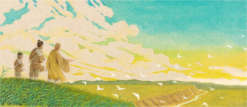 The Little Stone Mason: The Story of Yungang: master and apprentice in a sunlit landscape