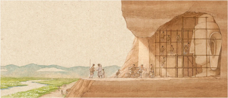 The Little Stone Mason: The Story of Yungang: distant hills and the cave construction site