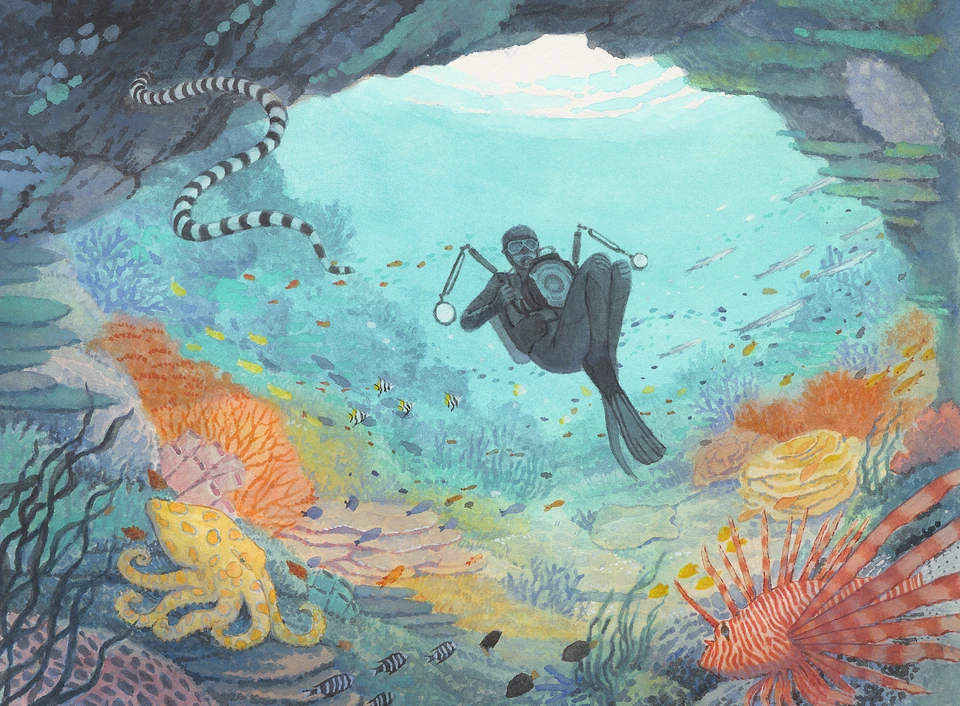 My Mom is a Sea Witch: a diver moving through underwater light