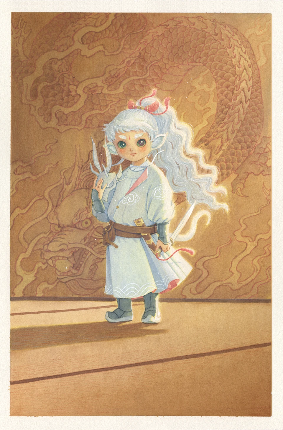 White-haired feline character carrying a sword