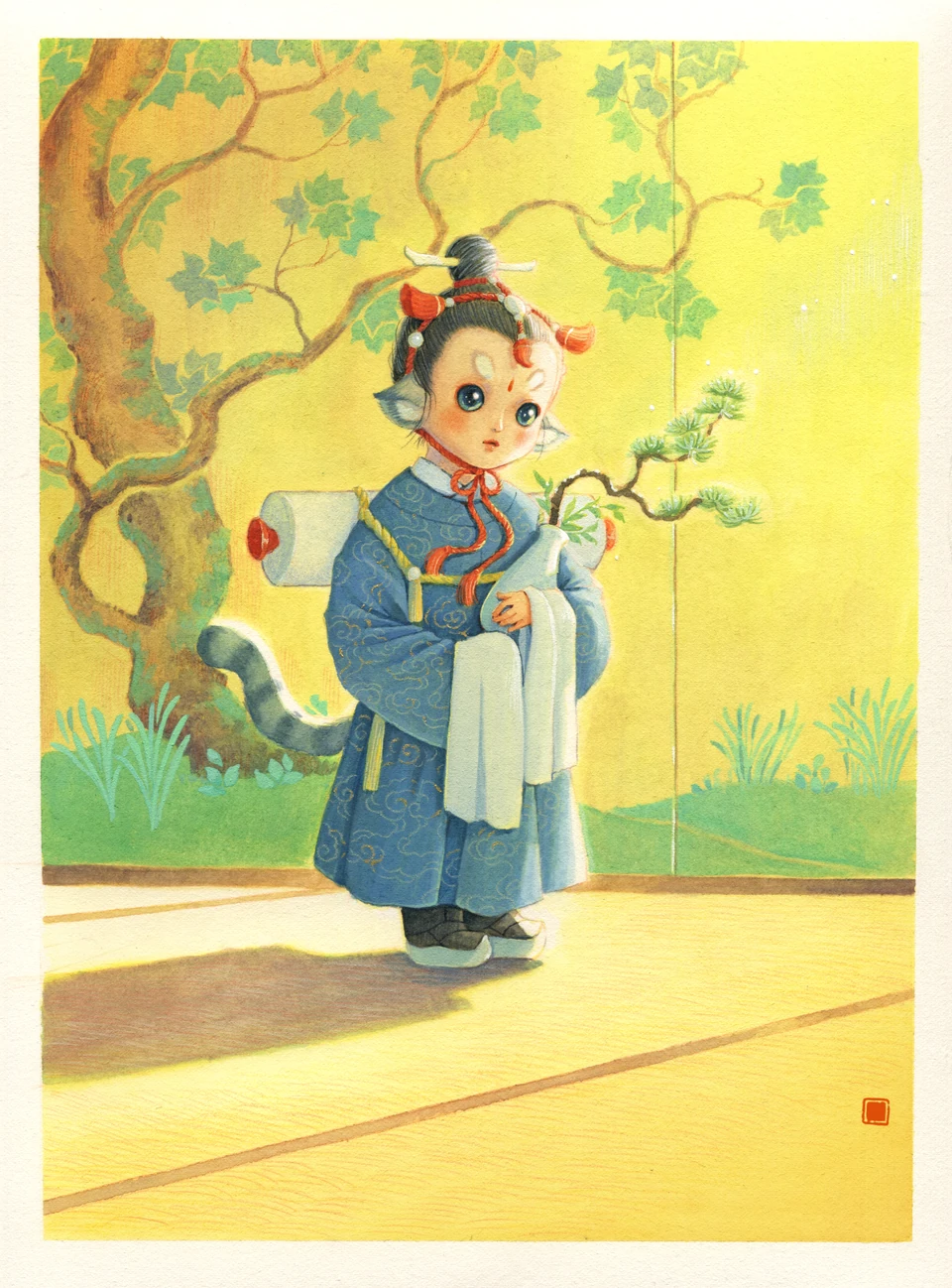 身穿蓝色衣服、手持净瓶的猫角色