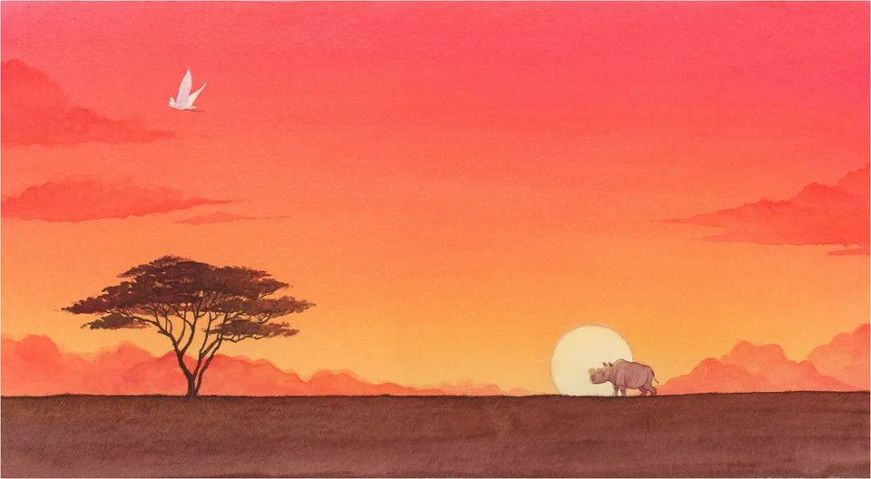 夕日の下のアカシアとサイ