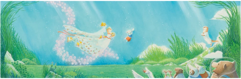 The otter couple swims with a flowing veil among aquatic plants