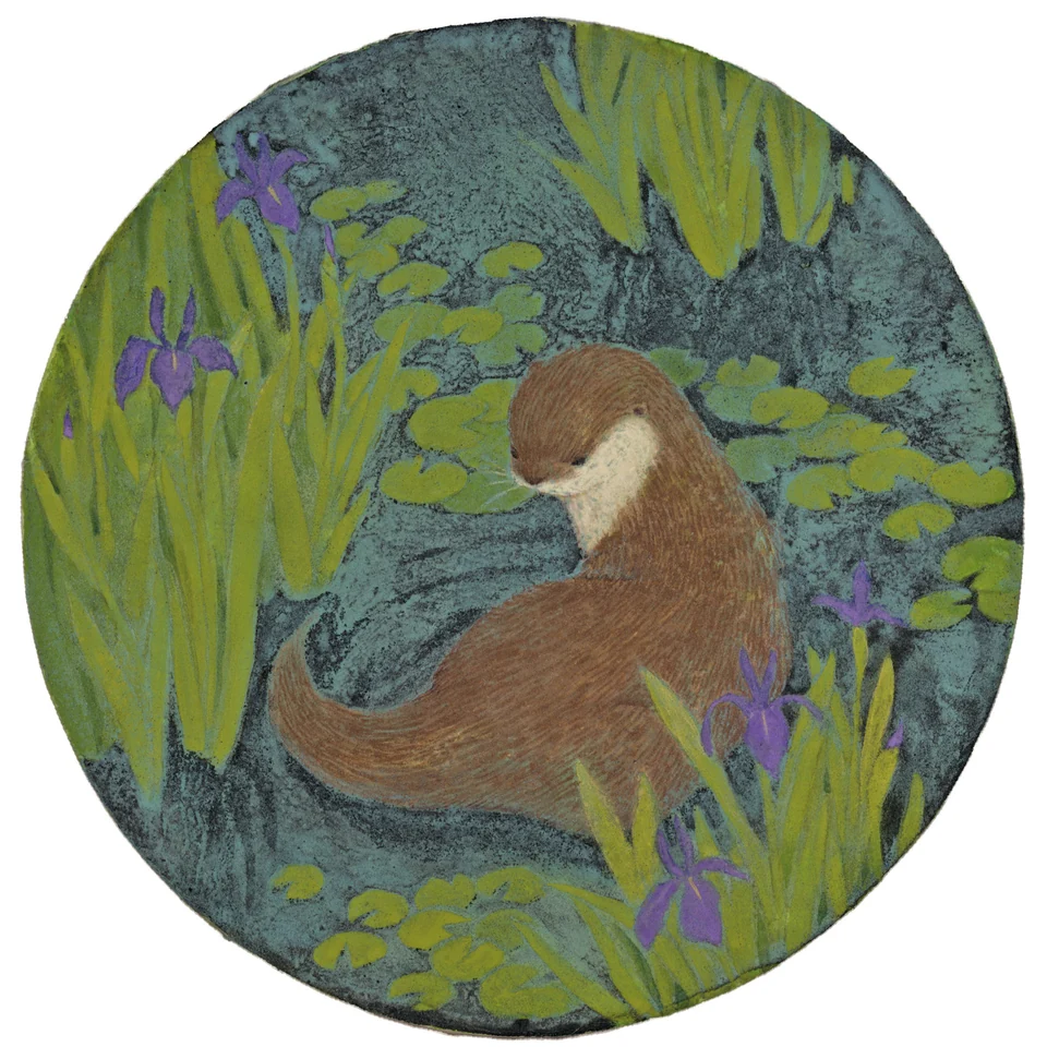 燕子花与水獭的圆形绘画